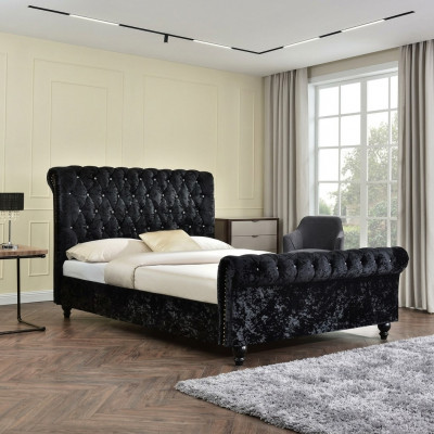 Black Chesterfield Upholstered Bed, XXL Big 140x200 Bedroom Bed