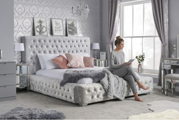 Gray Chesterfield bed with high headboard designer double bed