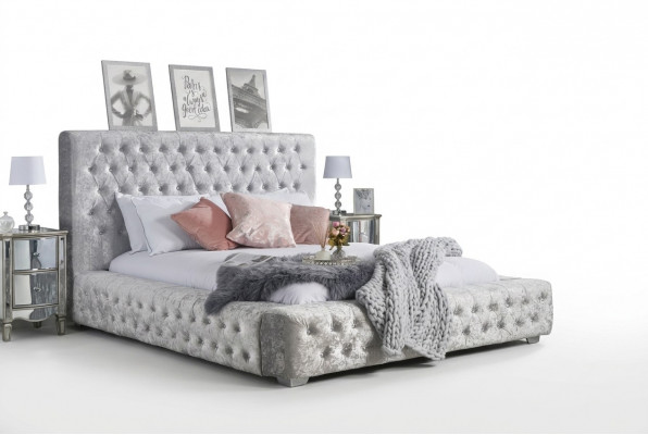 Gray Chesterfield bed with high headboard designer double bed