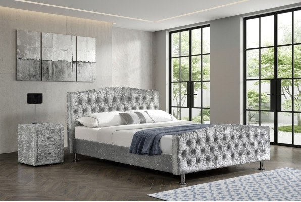 Chesterfield upholstered gray luxury double bed bedroom designer beds
