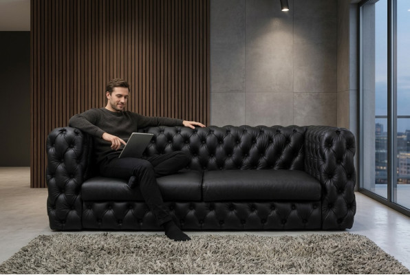 Black Chesterfield 3-Seater Couch Sofa Designer Luxury Suite