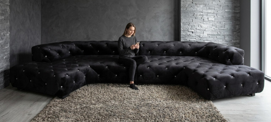 Classic designer Chesterfield velvet sofa with crystal stones living landscape