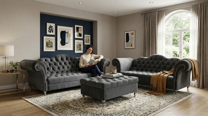 Sofa set 3+2 seater + ottoman Chesterfield sofa fabric leather couches