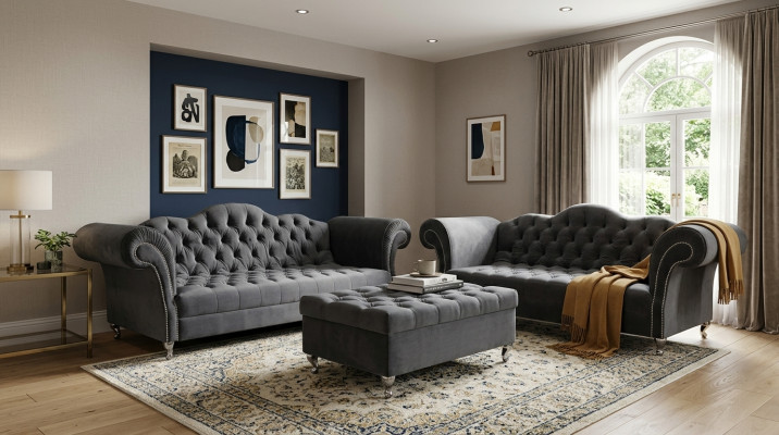 Sofa set 3+2 seater + ottoman Chesterfield sofa fabric leather couches