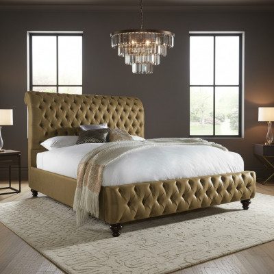 Gold luxury velvet textile England bed double design Chesterfield 160x200cm beds