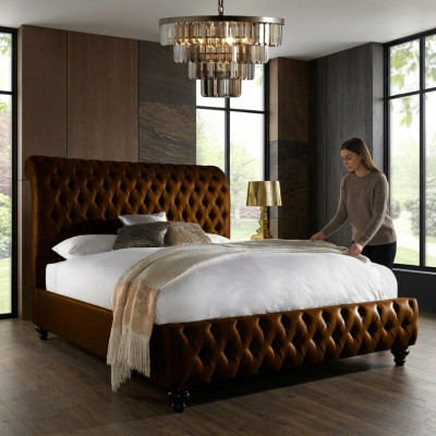 Designer brown Chesterfield upholstered bed luxury bedroom double bed