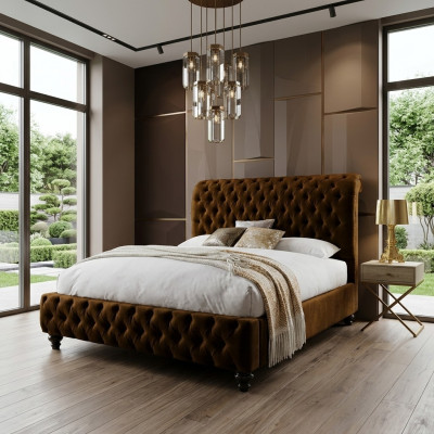 Designer brown Chesterfield upholstered bed luxury bedroom double bed