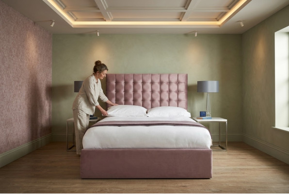Pink designer Chesterfield double bed, designer bedroom bed