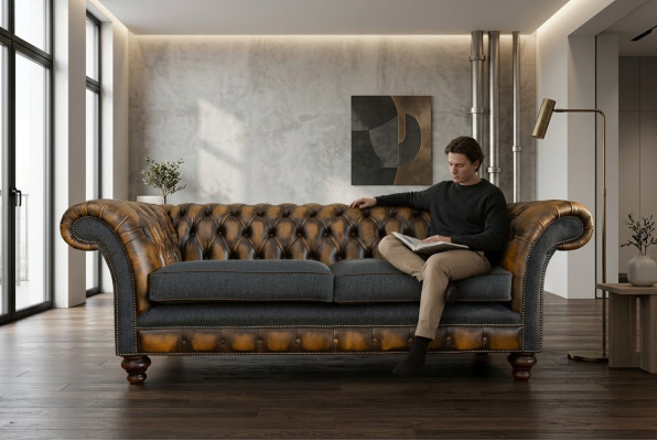 Design Chesterfield Sofa 3-Couch Sofa Set Fabric Upholstery Leather Three-Seater