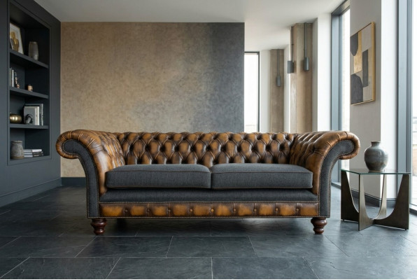 Design Chesterfield Sofa 3-Couch Sofa Set Fabric Upholstery Leather Three-Seater