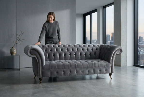 Modern Chesterfield Gray 3-Seater Stylish Living Room 3-Seater Couch