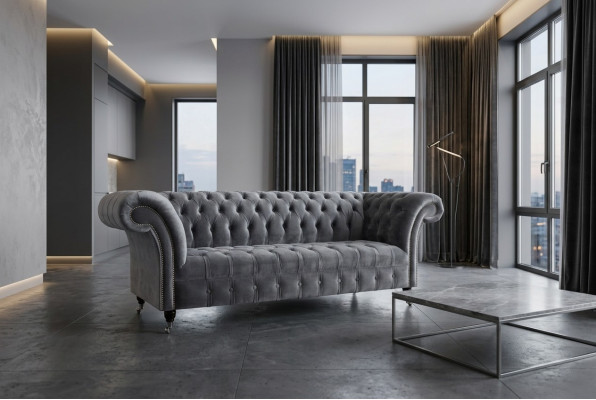 Modern Chesterfield Gray 3-Seater Stylish Living Room 3-Seater Couch