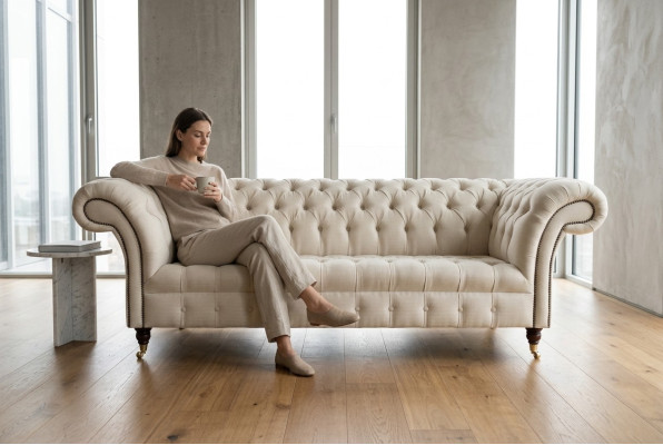 Modern beige Chesterfield 3-seater sofa living room couch