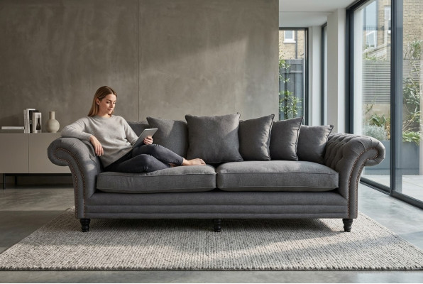 Classic Chesterfield couch, 4-seater sofa, velvet leather design, gray, 265cm