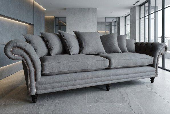 Classic Chesterfield couch, 4-seater sofa, velvet leather design, gray, 265cm