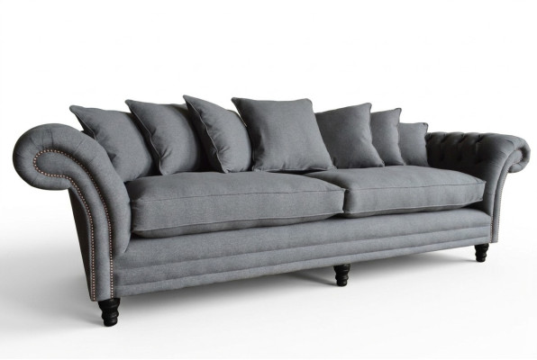 Classic Chesterfield couch, 4-seater sofa, velvet leather design, gray, 265cm