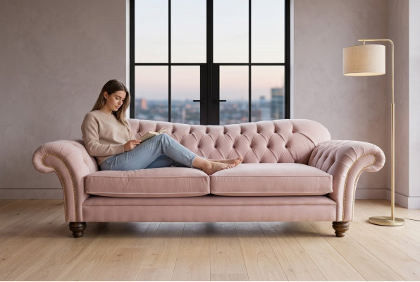 Classic Chesterfield Couch 4-Seater Sofa Velvet Leather Design Pink 240cm
