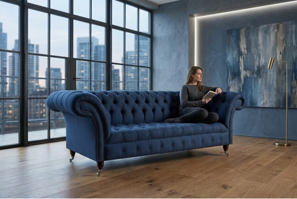 Blue Textil Chesterfield 4-Seater Designer Upholstered Sofa