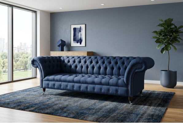 Blue Textil Chesterfield 4-Seater Designer Upholstered Sofa