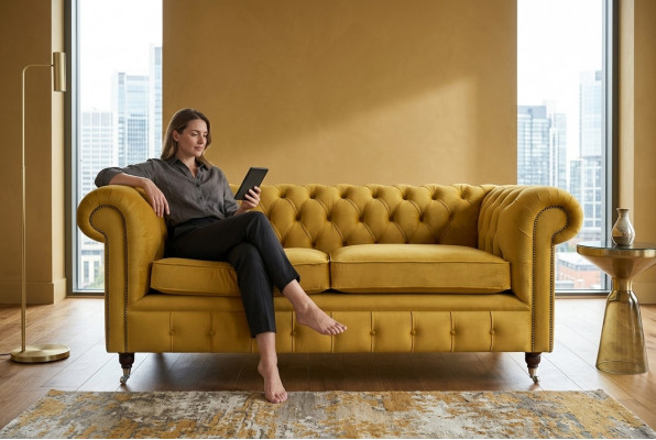 Yellow Chesterfield two-seater designer living room 2-seater couch