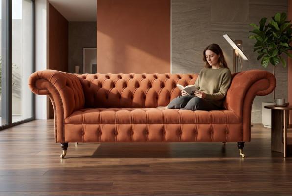 Luxury Orange Chesterfield 3-Seater Designer Living Room Couch