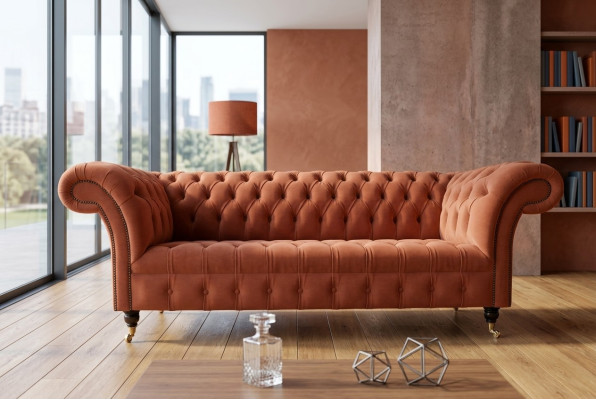 Luxury Orange Chesterfield 3-Seater Designer Living Room Couch