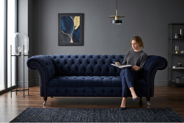 Dark blue Chesterfield three-seater modern living room luxury couch