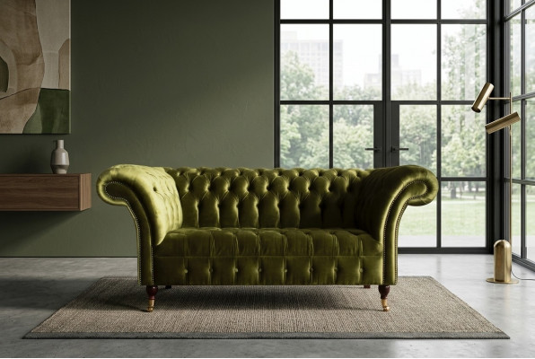 Classic Sofa 2-Seater Chesterfield Couch Textile Velvet Crystals Green Velvet New
