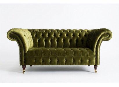 Classic Sofa 2-Seater Chesterfield Couch Textile Velvet Crystals Green Velvet New