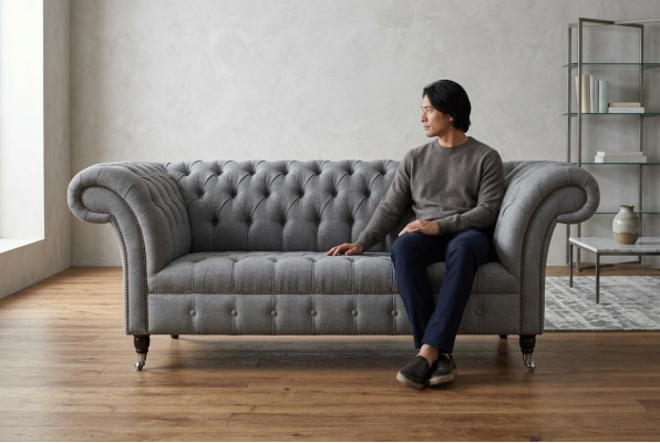 Chesterfield Original Sofa JVMoebel Textile Sofas Fabric Gray 185cm Couch Couches