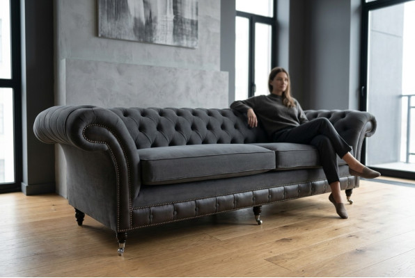 Classic Chesterfield Couch 4-Seater Sofa Couch Velvet Leather Design Black New