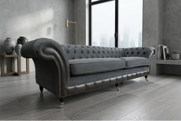 Classic Chesterfield Couch 4-Seater Sofa Couch Velvet Leather Design Black New