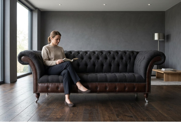 Chesterfield Original Sofa JVMoebel Couch Fabric Sofas Couches Material Black New