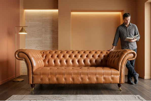 Light brown modern Chesterfield three-seater designer sofa