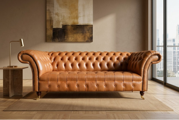 Light brown modern Chesterfield three-seater designer sofa