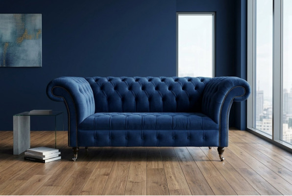 Classic Chesterfield Couch Blue Upholstered Set 2-Seater Sofas Sofa 185cm