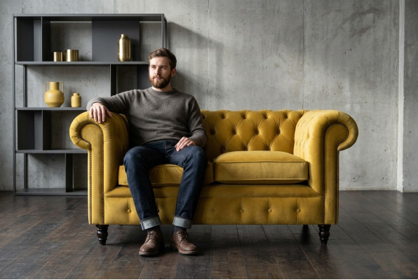 Chesterfield Sofa 2-Seater Upholstered Couches Couch Three-Seater Yellow Sofas Velvet New
