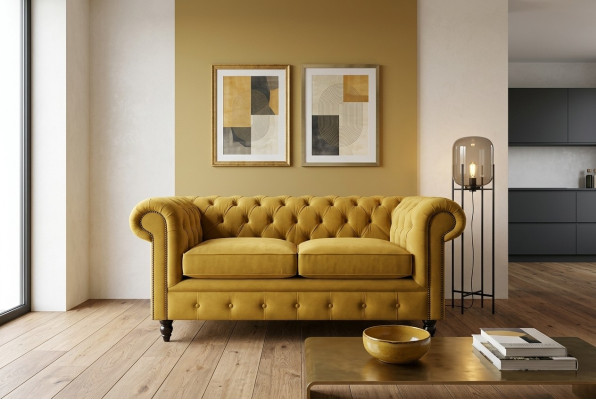 Chesterfield Sofa 2-Seater Upholstered Couches Couch Three-Seater Yellow Sofas Velvet New