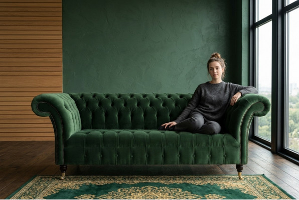 Classic Chesterfield Design Couch 3-seater Sofa Velvet Leather big green new