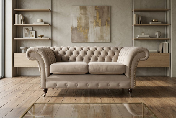 Chesterfield Sofa 2-Seater Upholstered Designer Couches Sofa Suite Beige Velvet