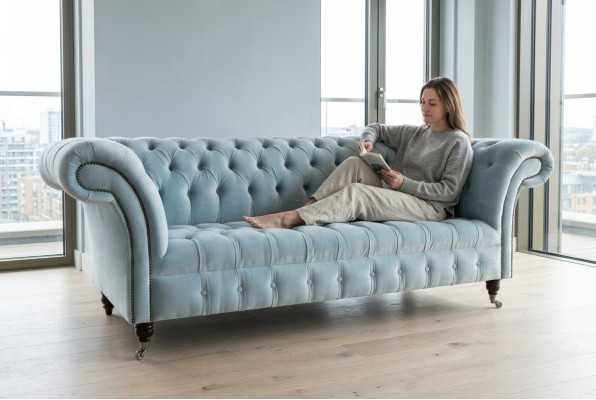 Chesterfield 3-seater upholstered couch leather sofa couches fabric modern style blue