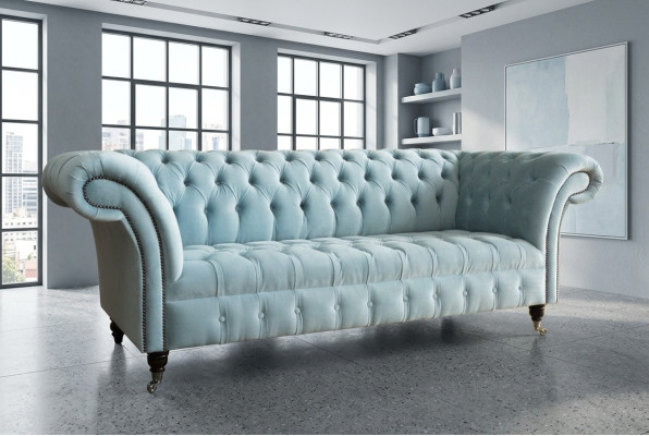 Chesterfield 3-seater upholstered couch leather sofa couches fabric modern style blue