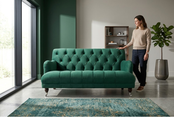 Chesterfield 2-seater upholstered couch leather sofa modern style green fabric