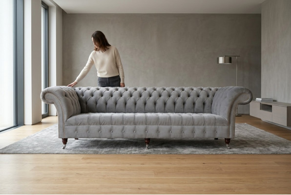 Classic Chesterfield Sofa 4-Seater Sofas Couches Leather Gray Design Upholstery