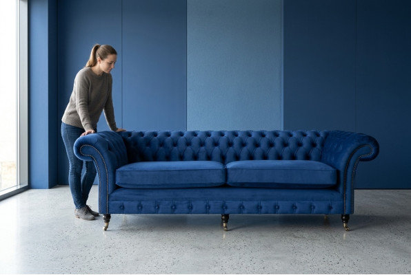Classic Chesterfield Couch 4-Seater Sofa Velvet Leather Blue Design Upholstery