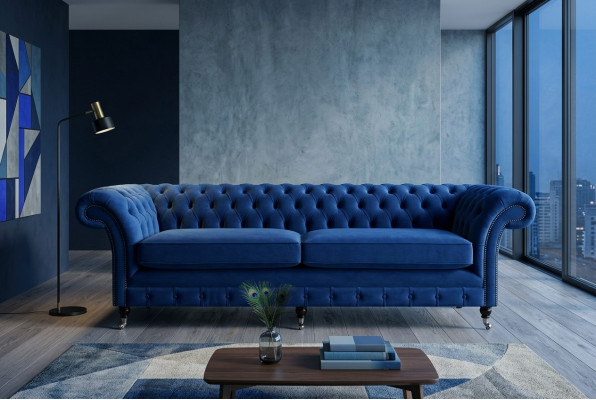 Classic Chesterfield Couch 4-Seater Sofa Velvet Leather Blue Design Upholstery