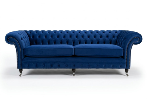 Classic Chesterfield Couch 4-Seater Sofa Velvet Leather Blue Design Upholstery