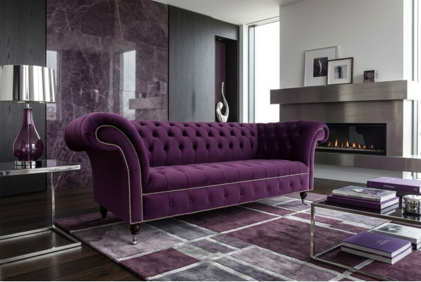 Chesterfield Original Sofa Couch Fabric Sofas Cloth Purple 225cm Couches