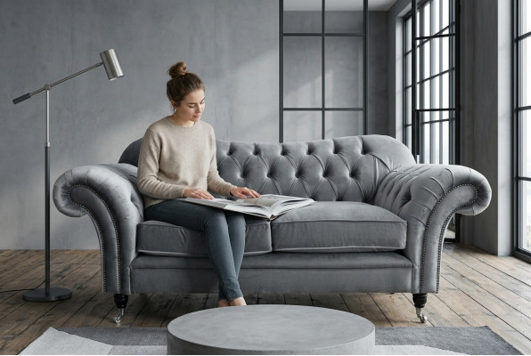 Chesterfield Original Sofa Textile Sofas Couches Fabric Gray 200cm Couch