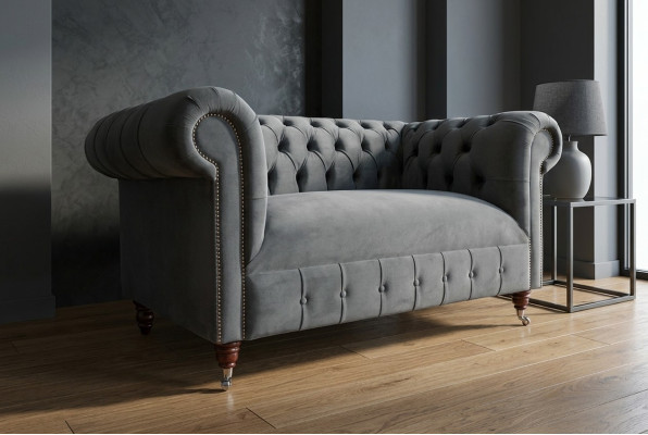Chesterfield Design Sofa 2-Seater Couch Upholstery Suite Leather Fabric Gray